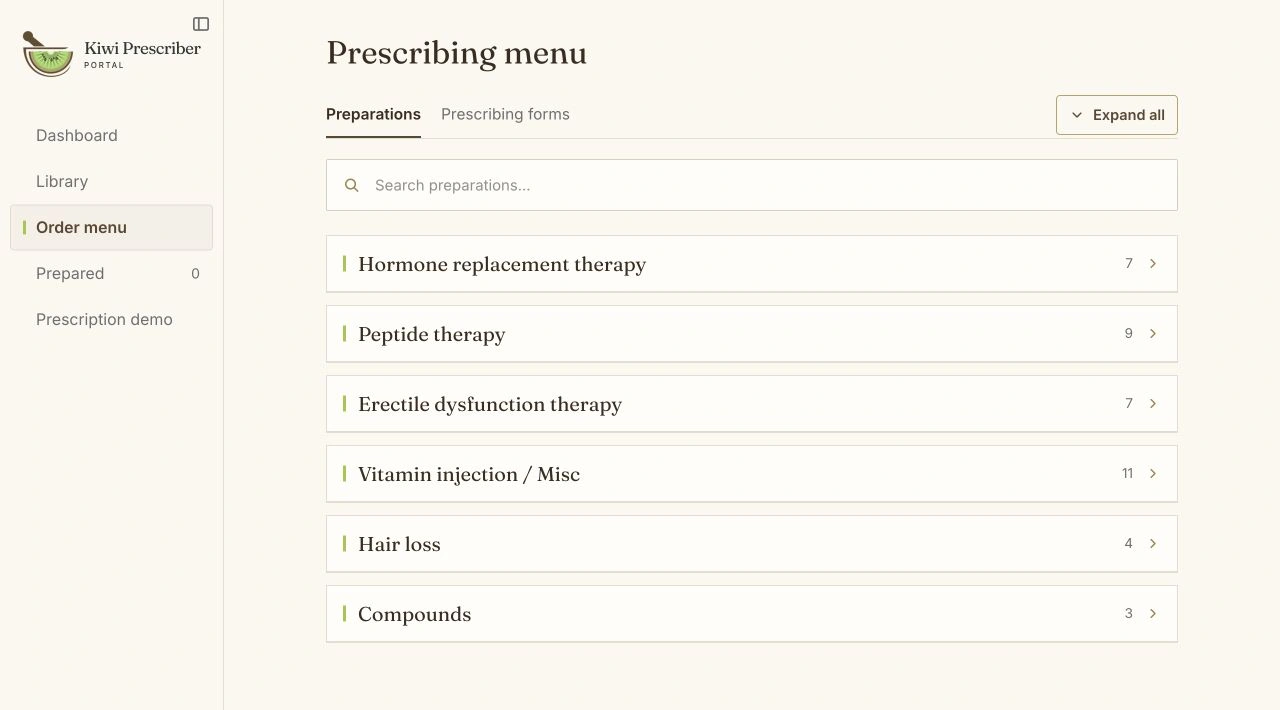 The actual Kiwi prescriber portal, with its navigation, preparation search and prescribing menu organised by category.