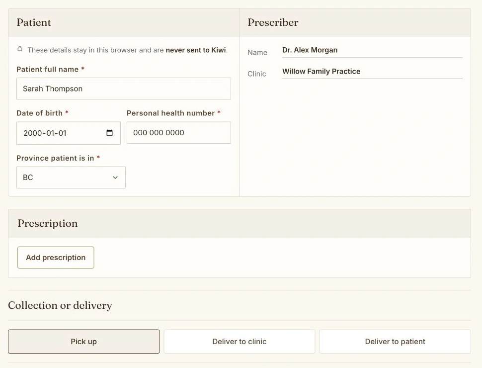 Download-only Kiwi prescription preparation screen showing fictional patient Sarah Thompson, dummy PHN and fictional prescriber Dr. Alex Morgan at Willow Family Practice.